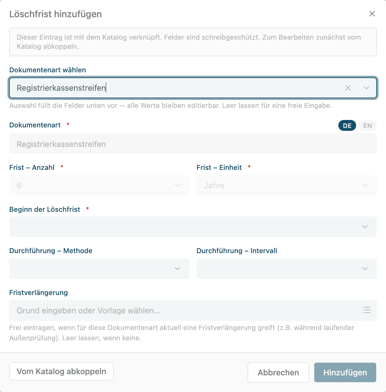 Dialog Löschfrist hinzufügen mit der Dokumentenart Registrierkassenstreifen