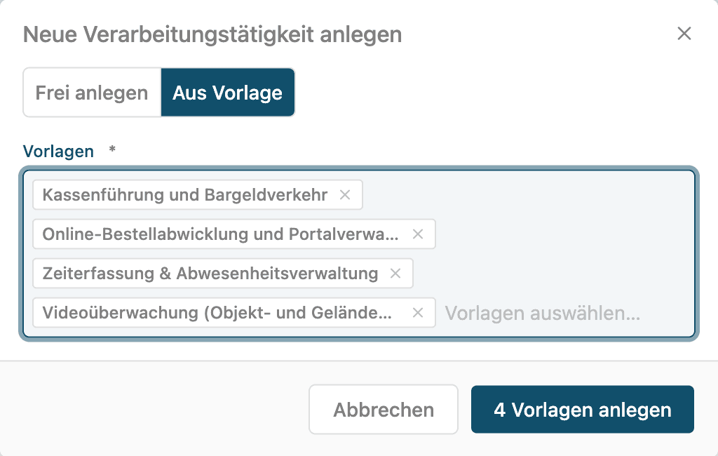 Dialog Neue Verarbeitungstätigkeit anlegen mit vier ausgewählten Vorlagen
